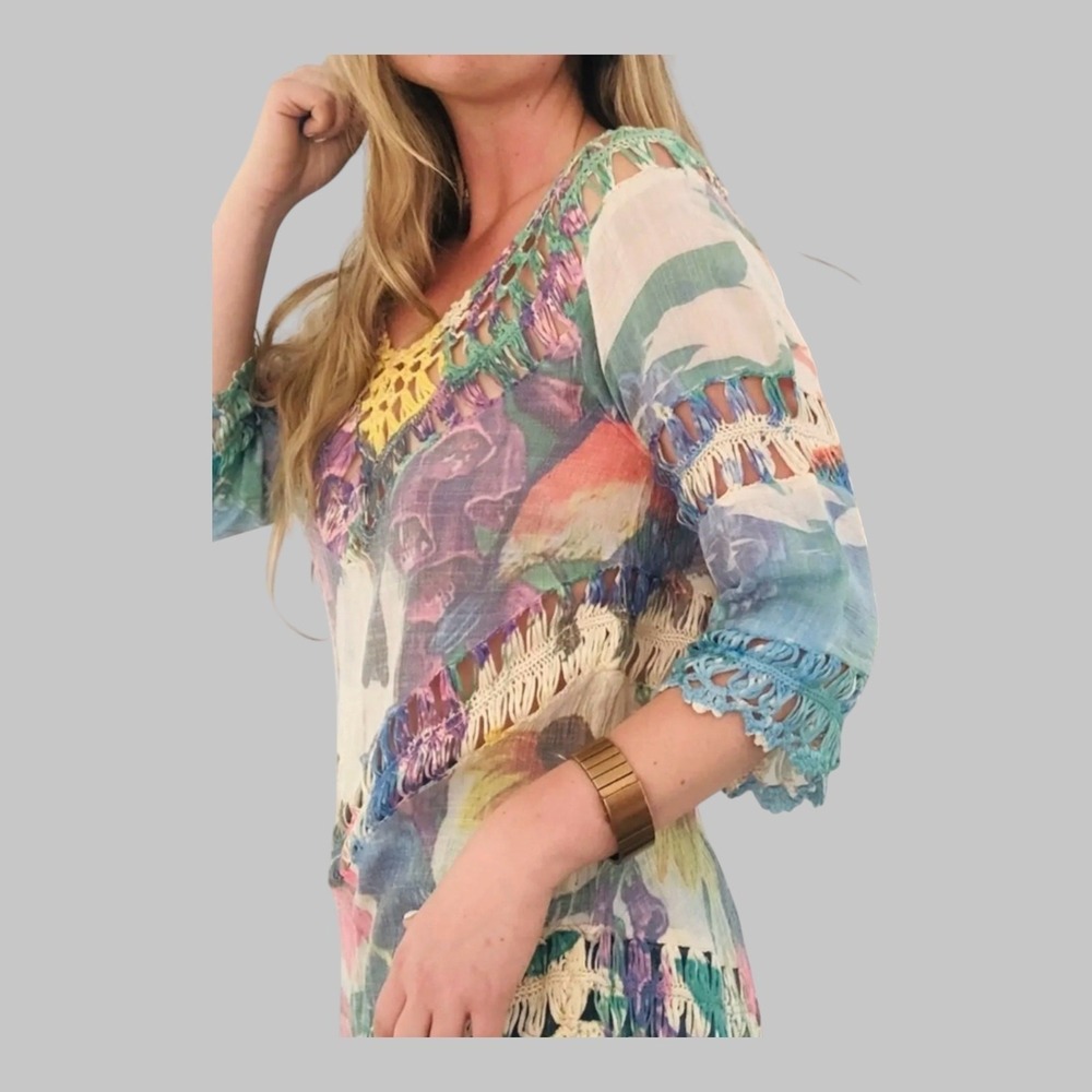 Dor Dor Couture Crochet Floral Asymmetrical 3/4 Sleeve Top Boho Festival Size M - Picture 1 of 11